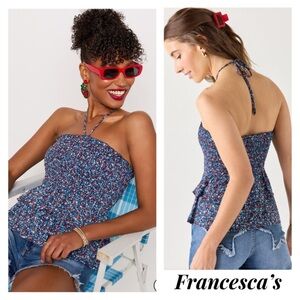 New Francesca's Florence Halter Smocked Ditsy Floral Blue Halter Top